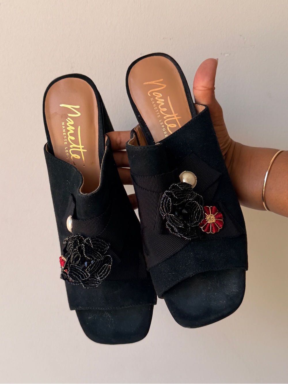 Nannette Black Slide Mules with Floral Bead Accents